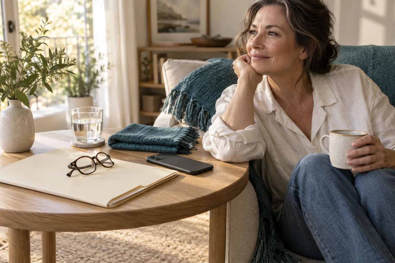 A woman resting beside a table with her folder, glasses and water.