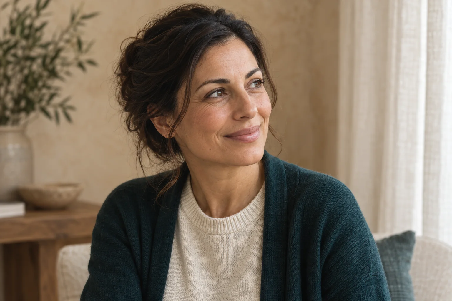 A woman in profile with natural expression lines and facial contours.