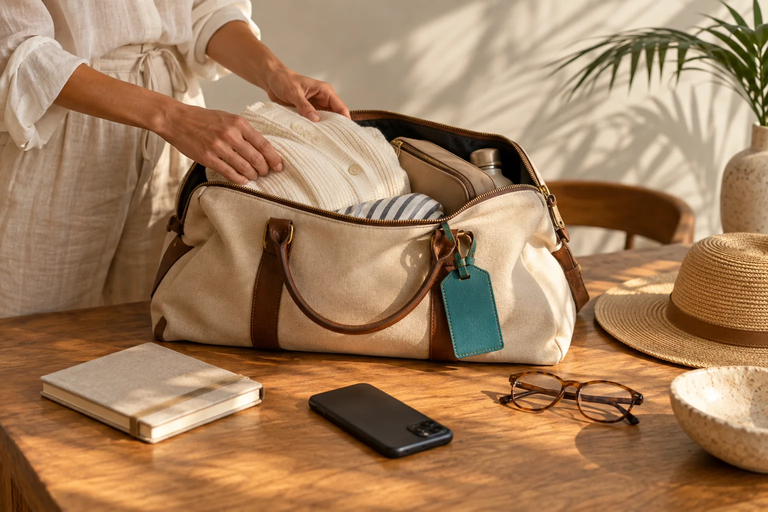 A travel bag, notebook and phone arranged on a sunlit table.