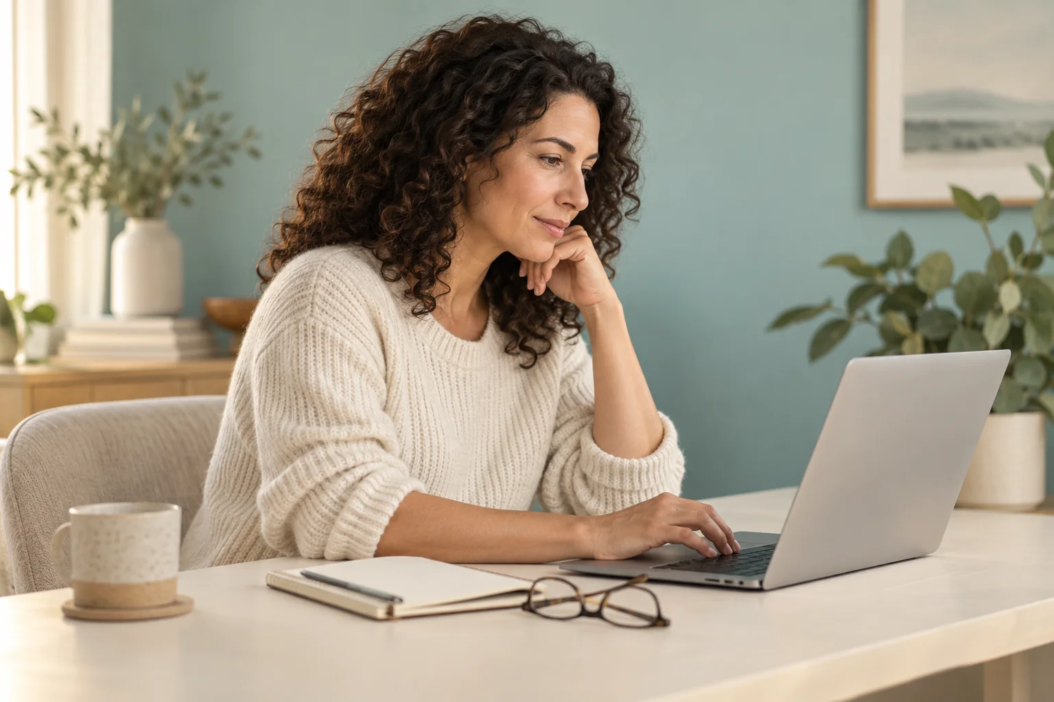 A woman researching on a laptop beside a notebook and reading glasses.