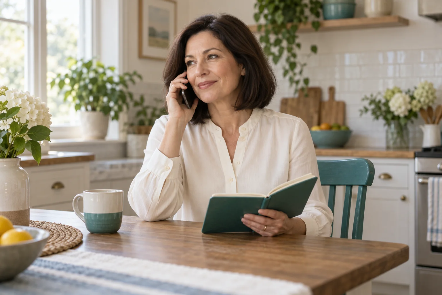 A woman holding a notebook while speaking on the phone at home.