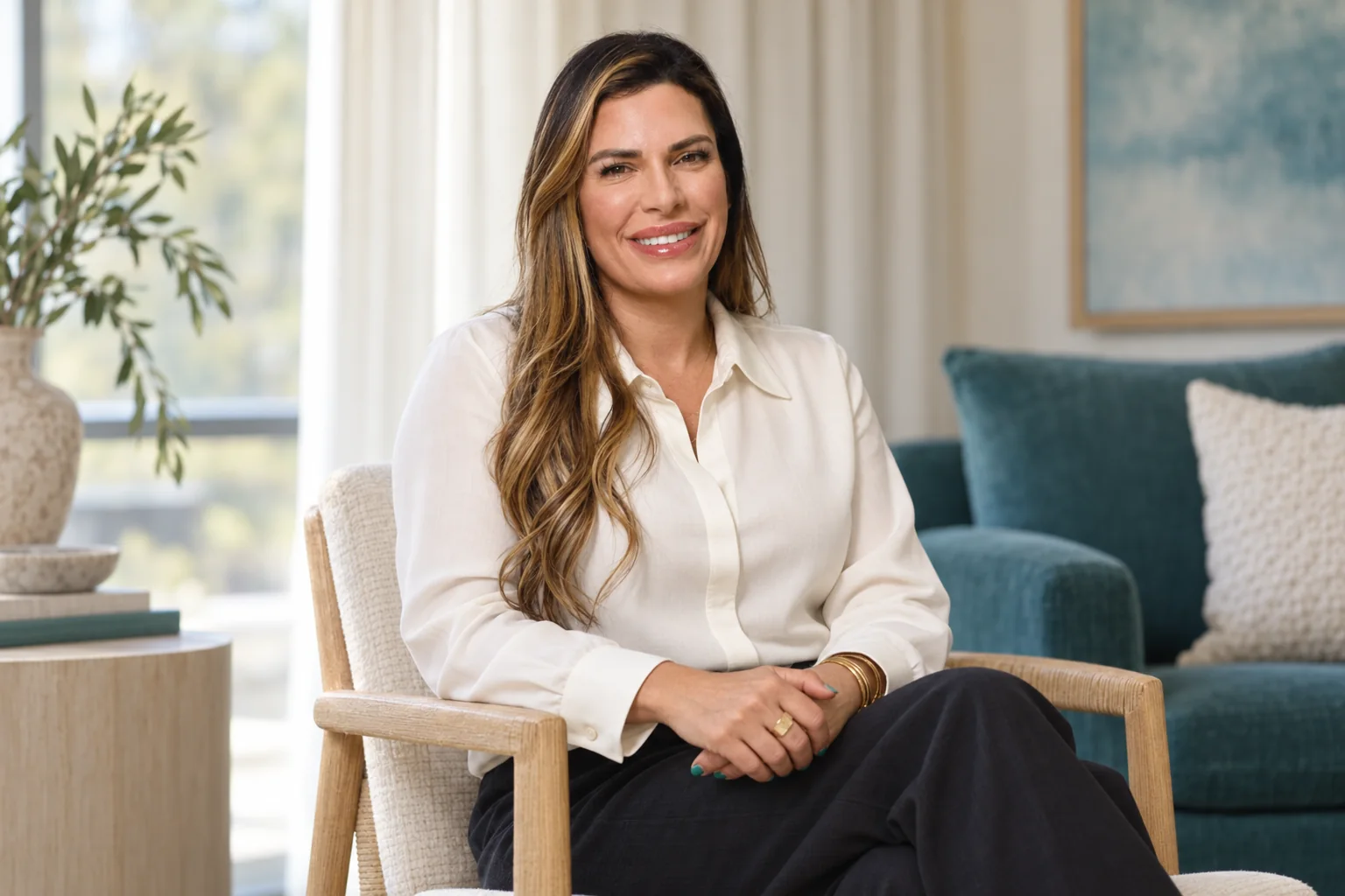 Eileen Rivera Jimenez seated beside a window during a conversation.