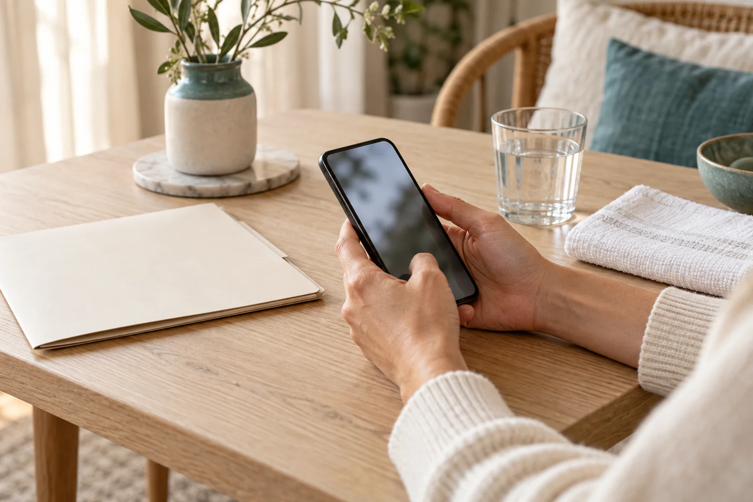 Hands holding a phone beside a folded towel and plain document folder.