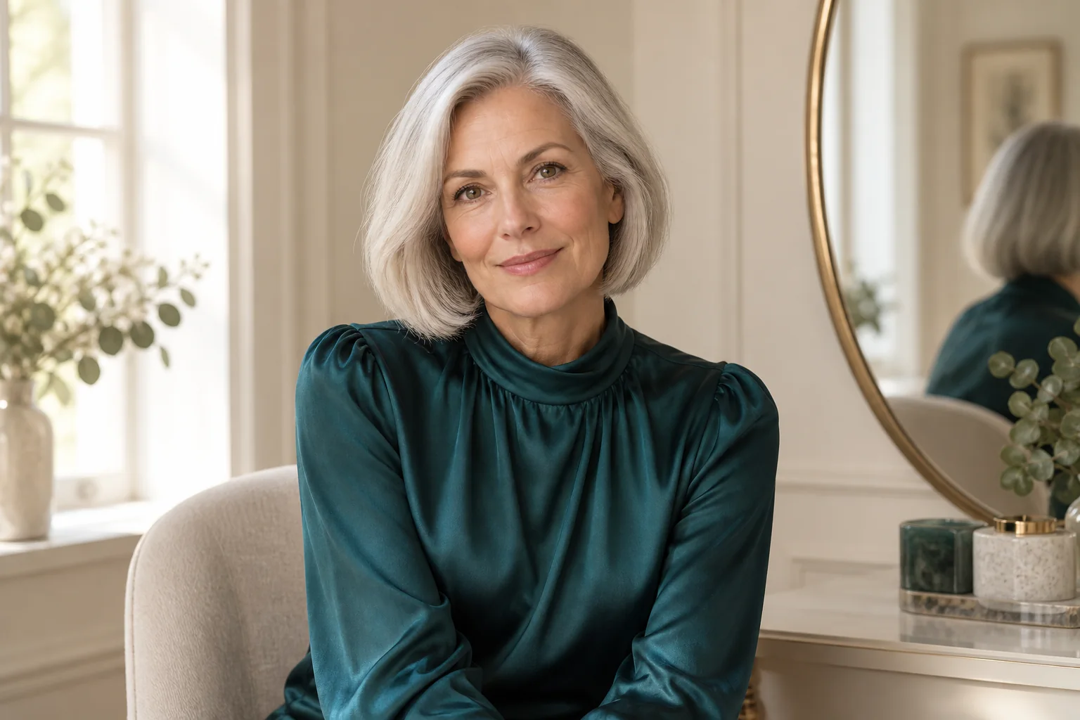 A woman with silver hair smiling gently beside a sunlit mirror.