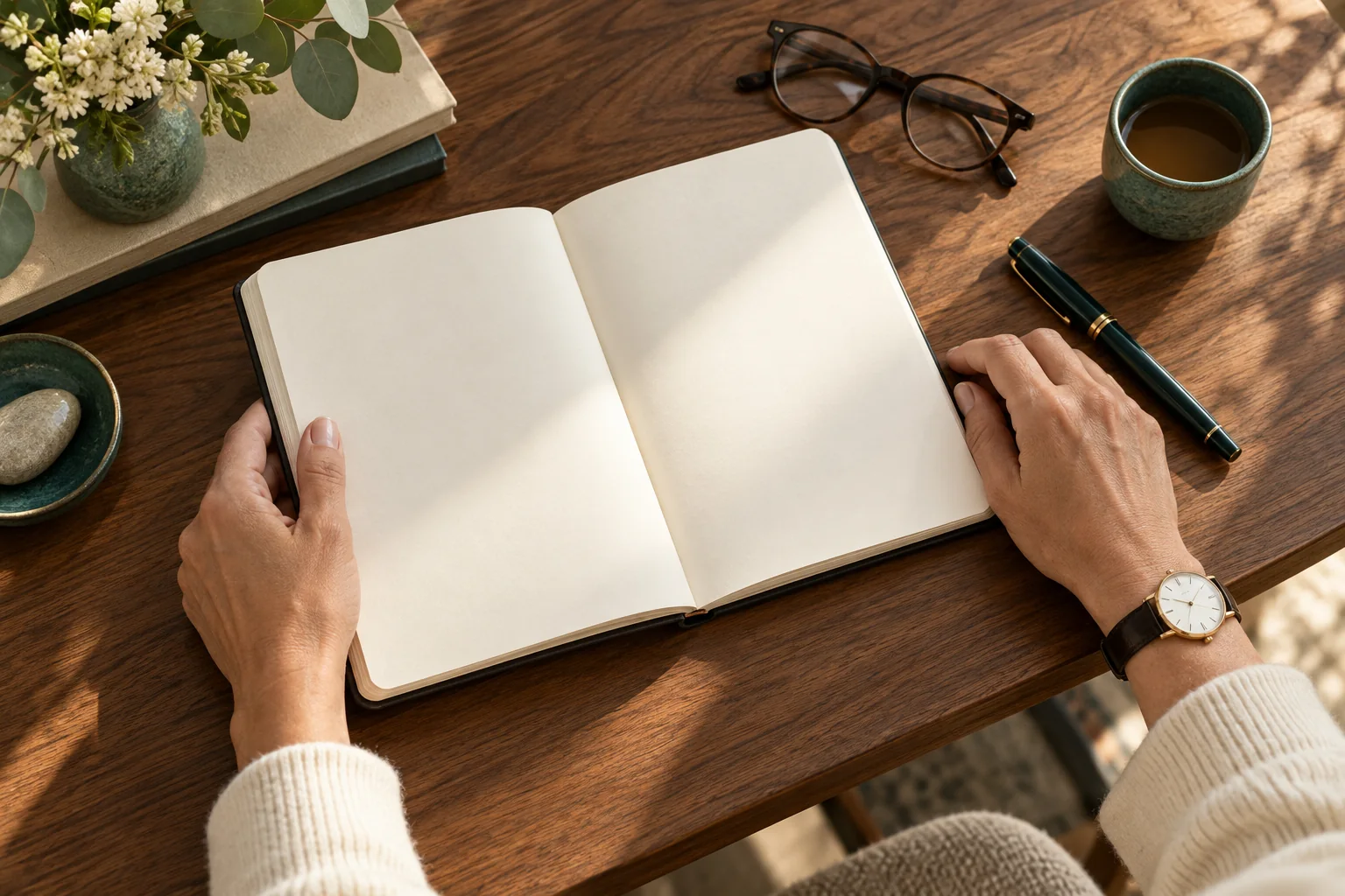 Hands holding a notebook beside a watch and reading glasses.
