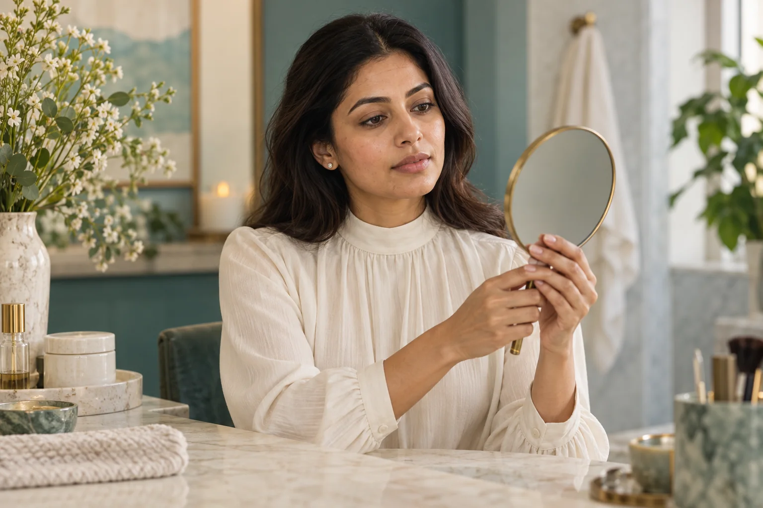 A woman examining her natural lip shape in a small hand mirror.