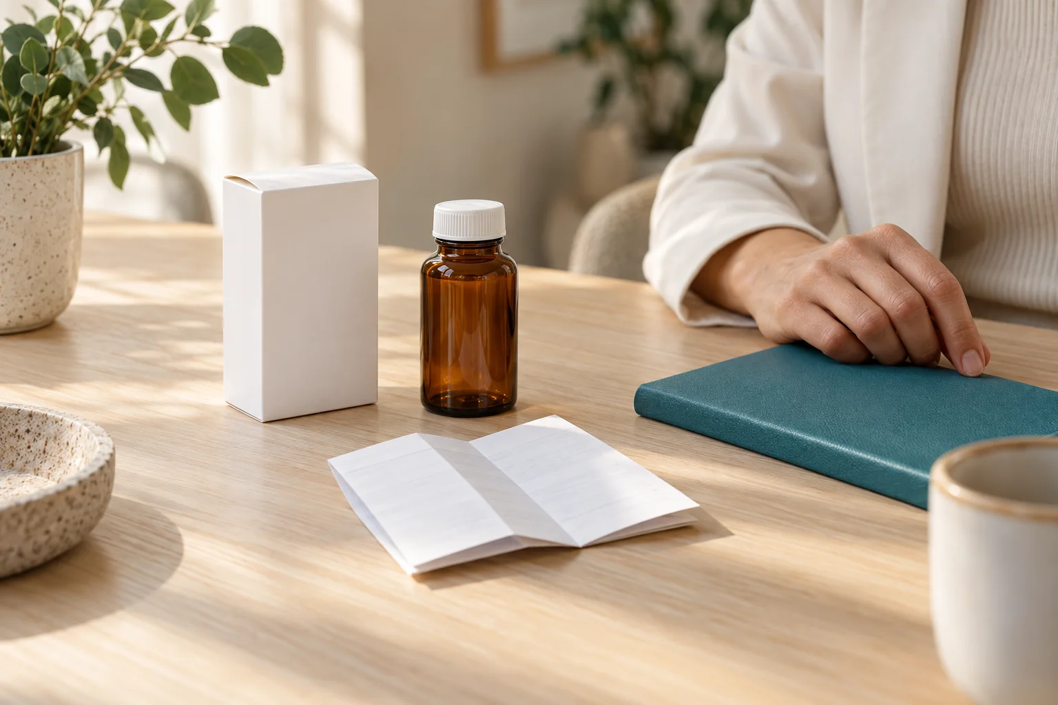 A plain medicine package and information leaflet beside a clinician's notebook.