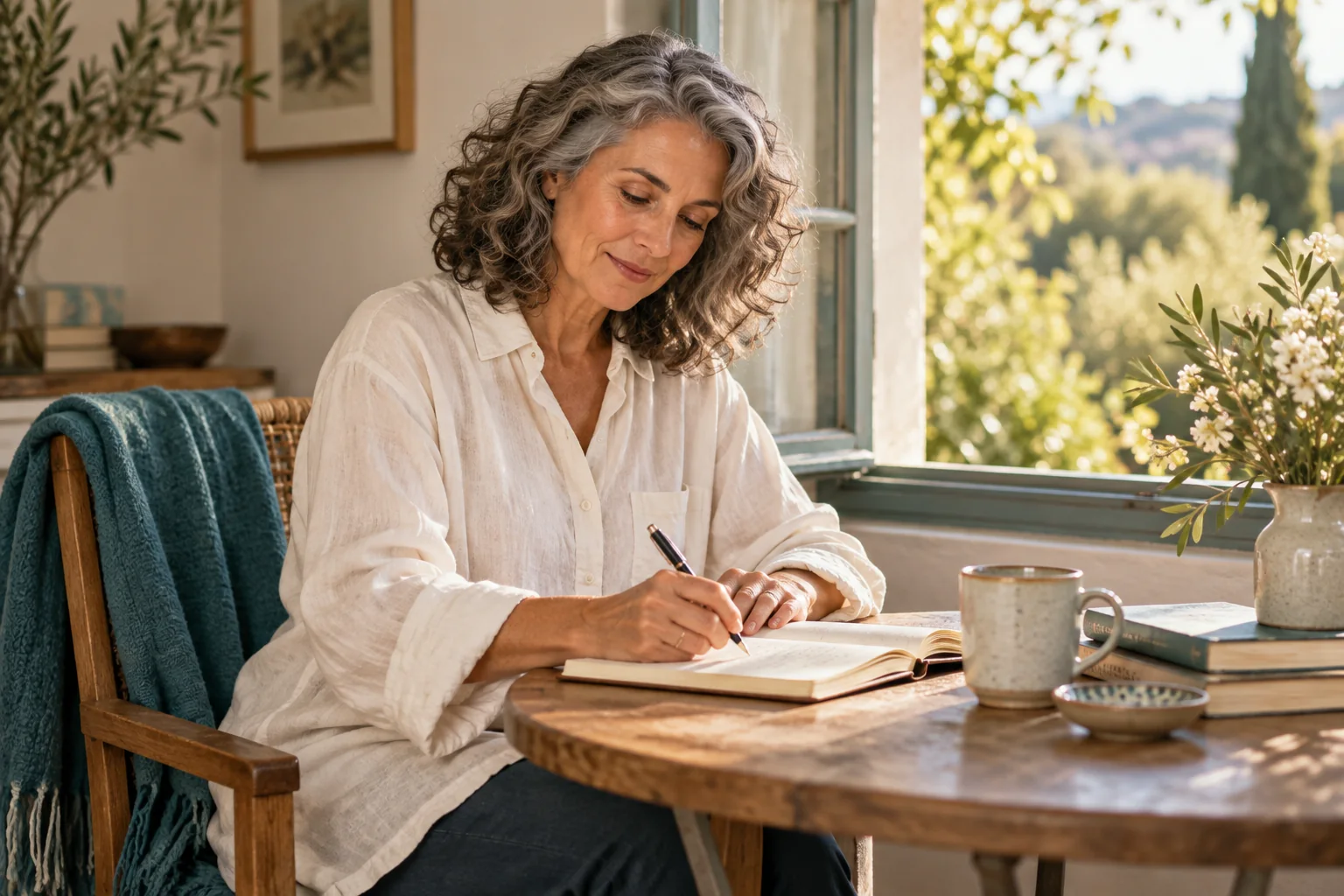 A woman writing in a journal beside an open window.