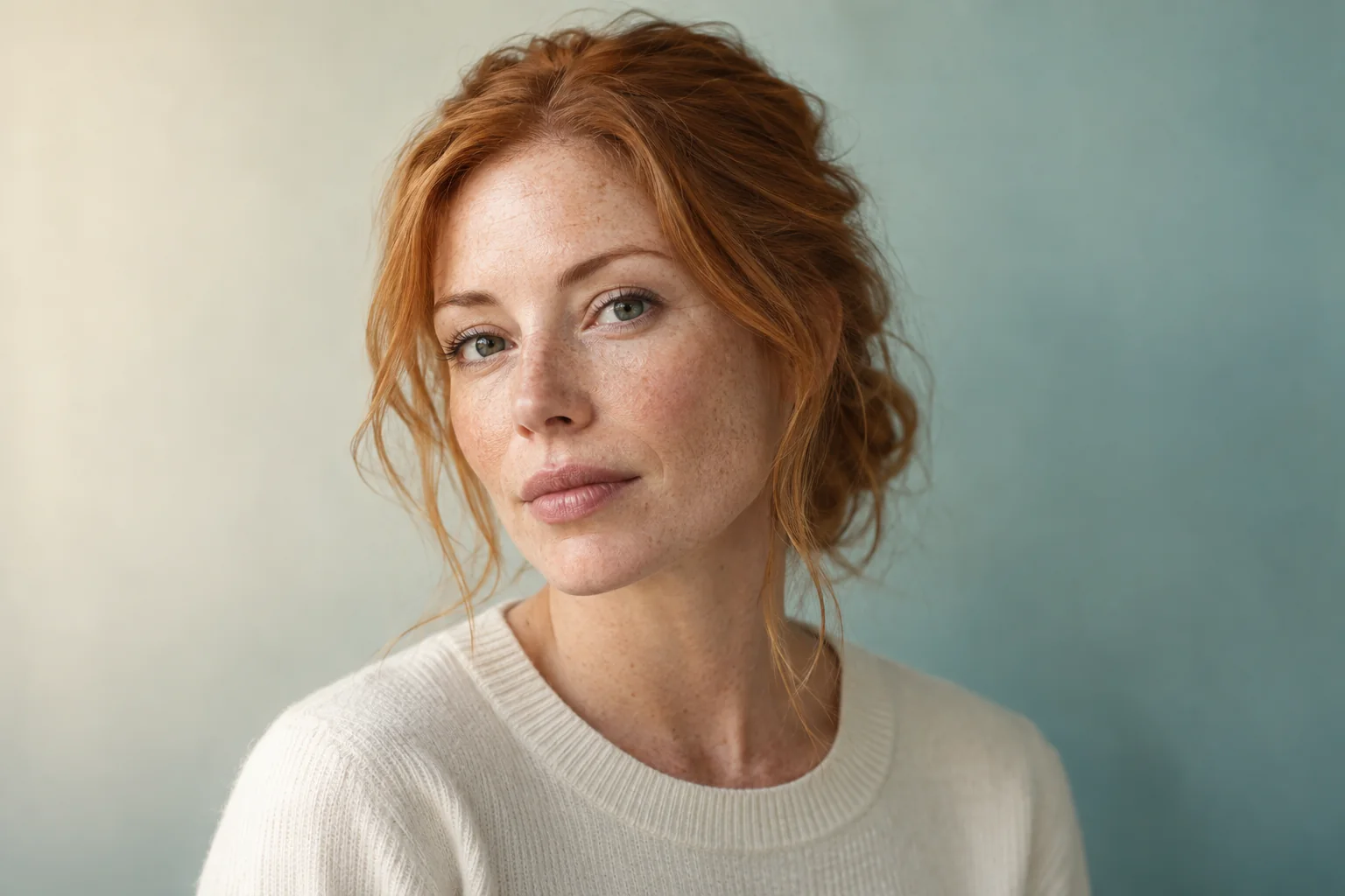A close portrait showing a woman's cheek, freckles and natural skin texture.