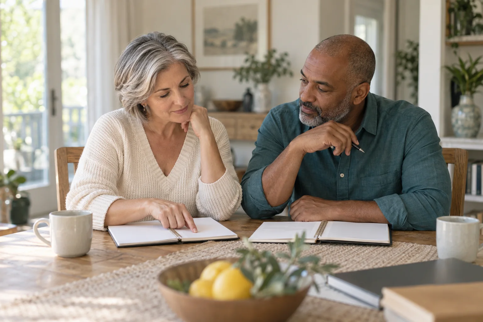 Two adults comparing notes at a sunlit dining table.