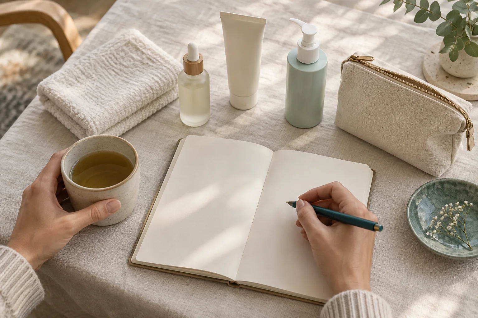 Unbranded skin-care products arranged beside a notebook and cotton pouch.