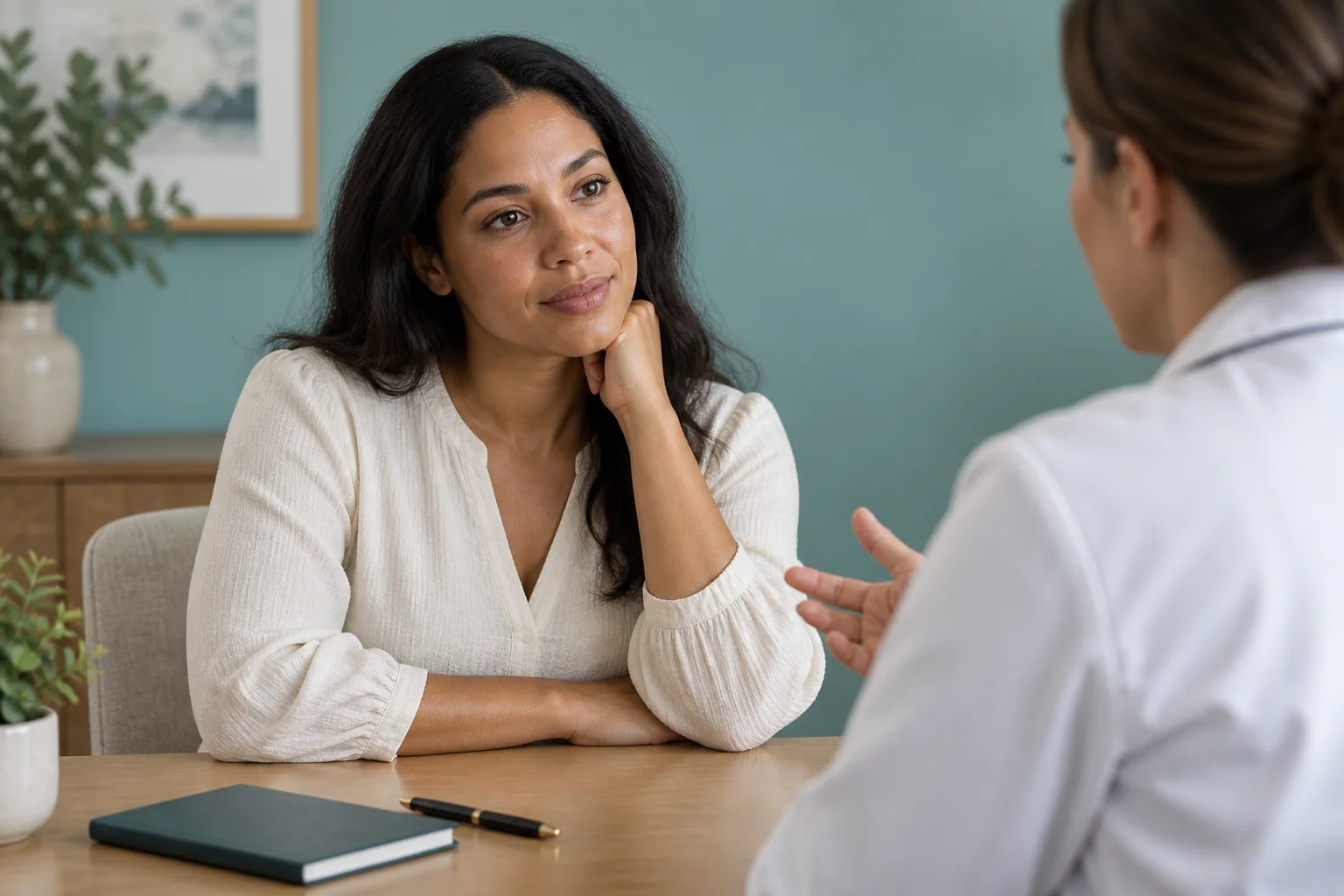 A woman discussing skin questions with a clinician across a table.