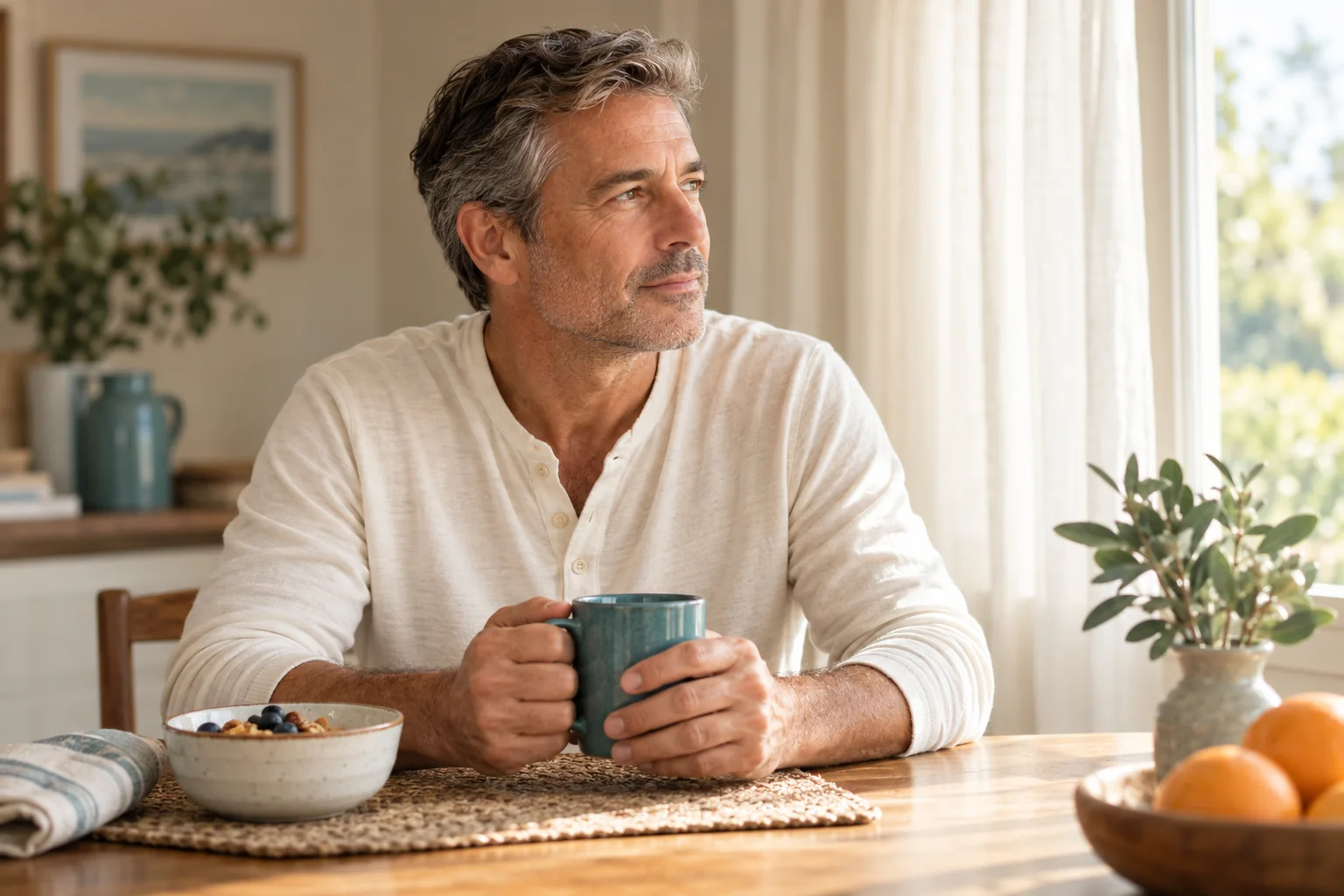 A man pausing thoughtfully at a breakfast table in soft morning light.
