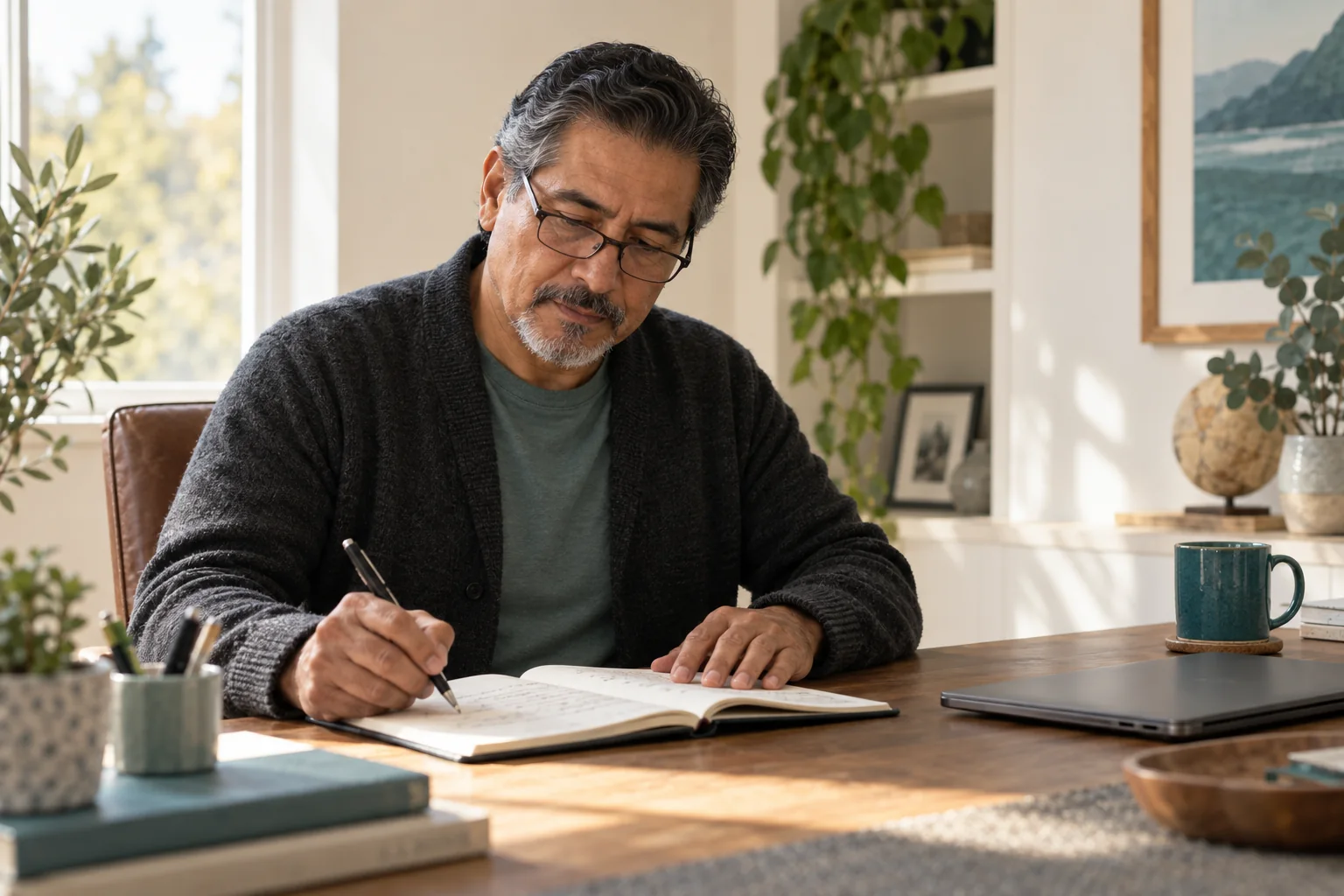 A man reviewing a notebook with reading glasses at his home desk.