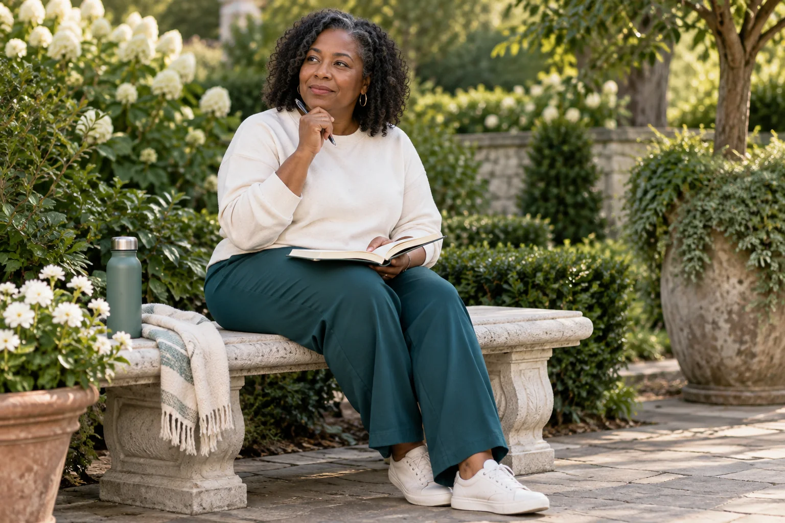 A woman with a notebook seated on a garden bench after a walk.