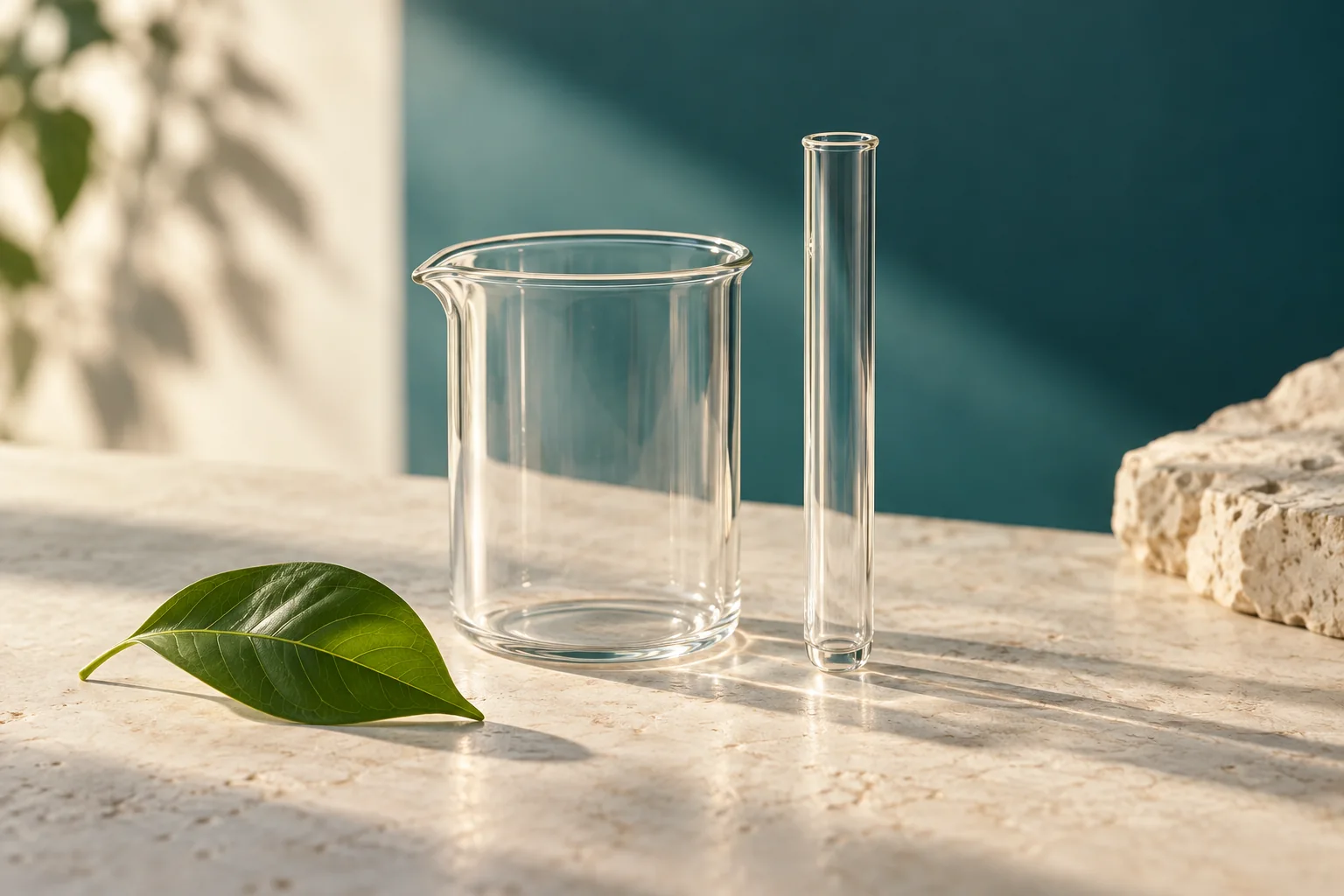 Clear laboratory glassware and a green leaf on a pale stone surface.