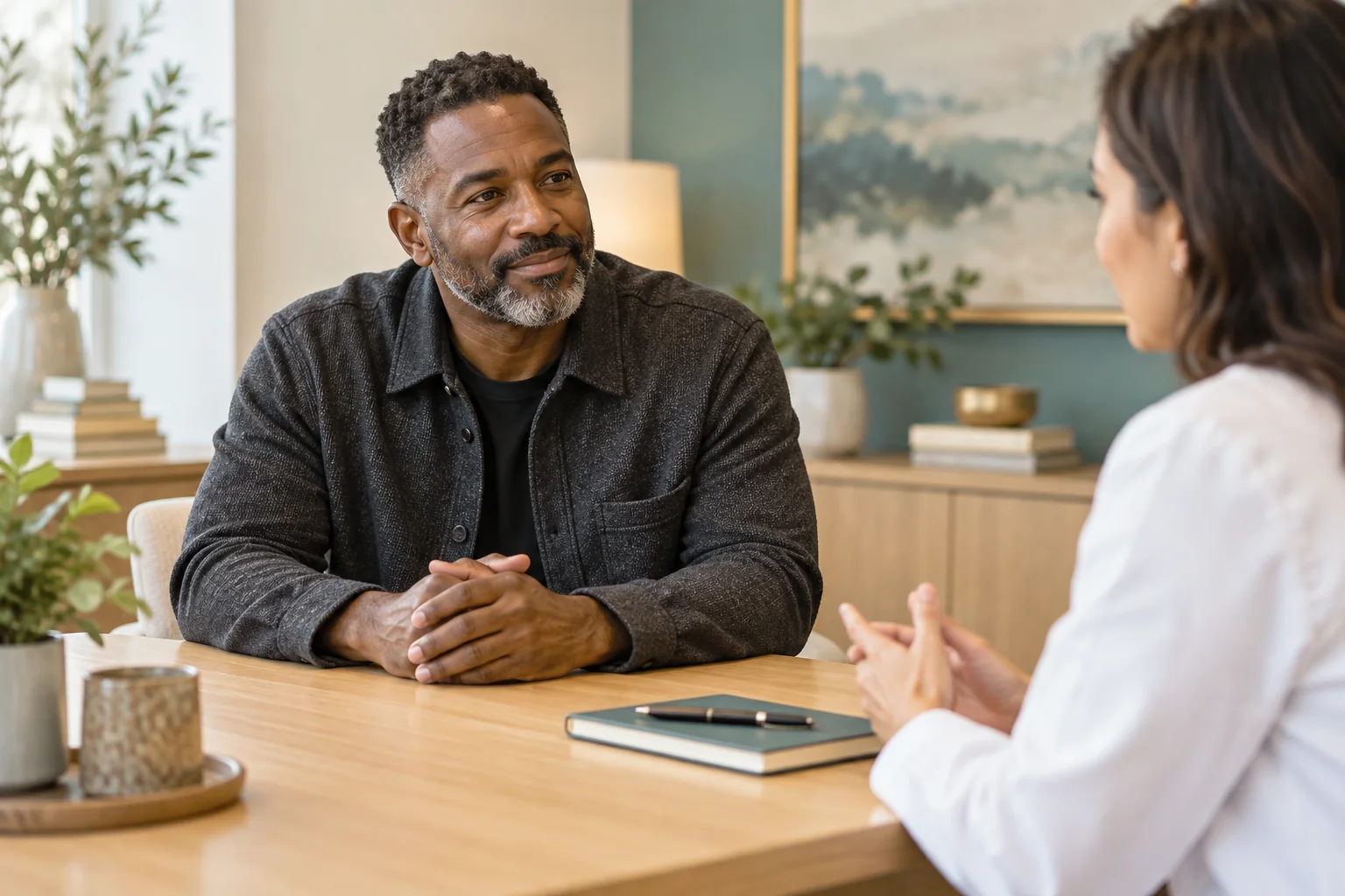 A man discussing his health history with a clinician at a desk.