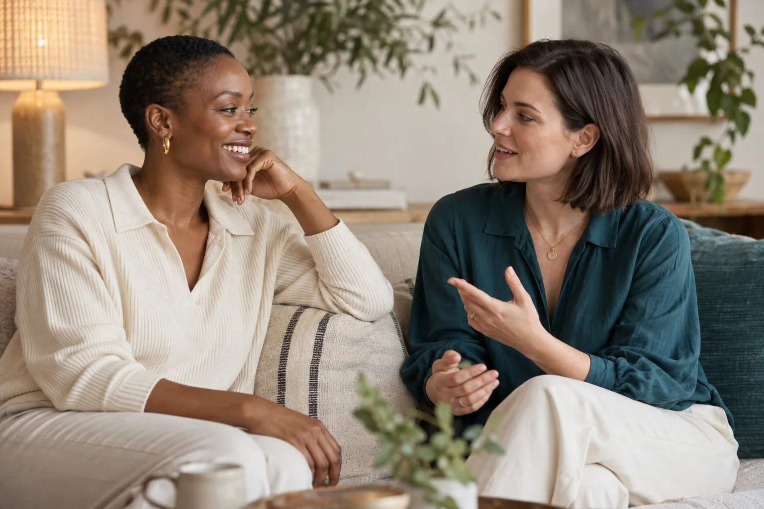 Two women with different natural facial features in side-by-side conversation.