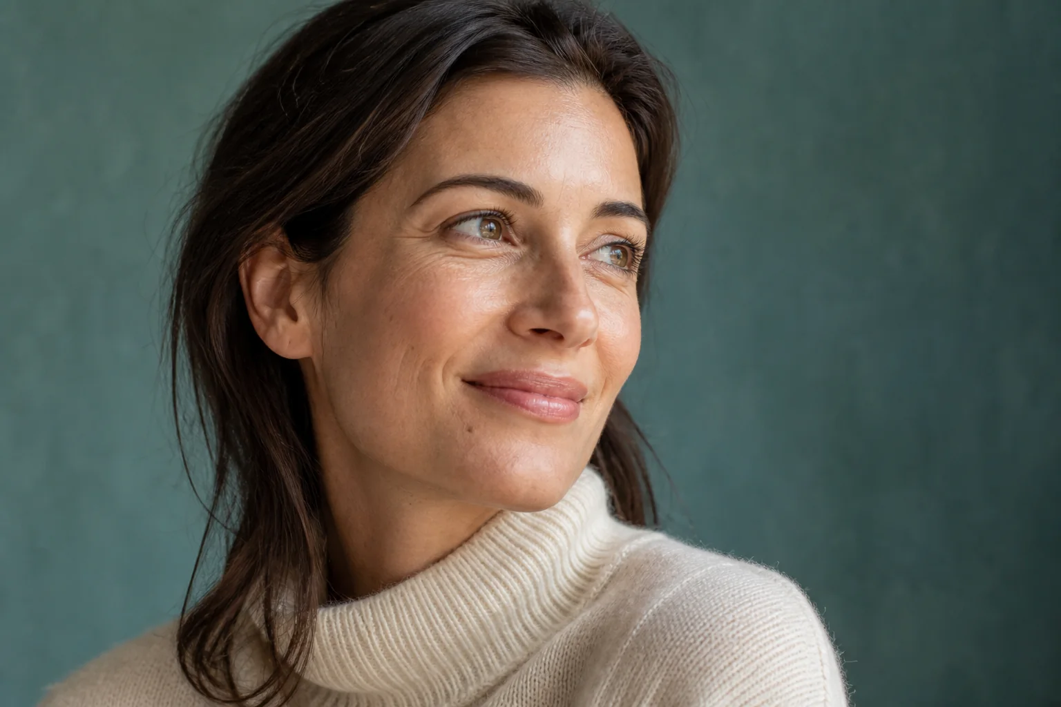 A woman smiling softly with natural expression lines around her eyes.