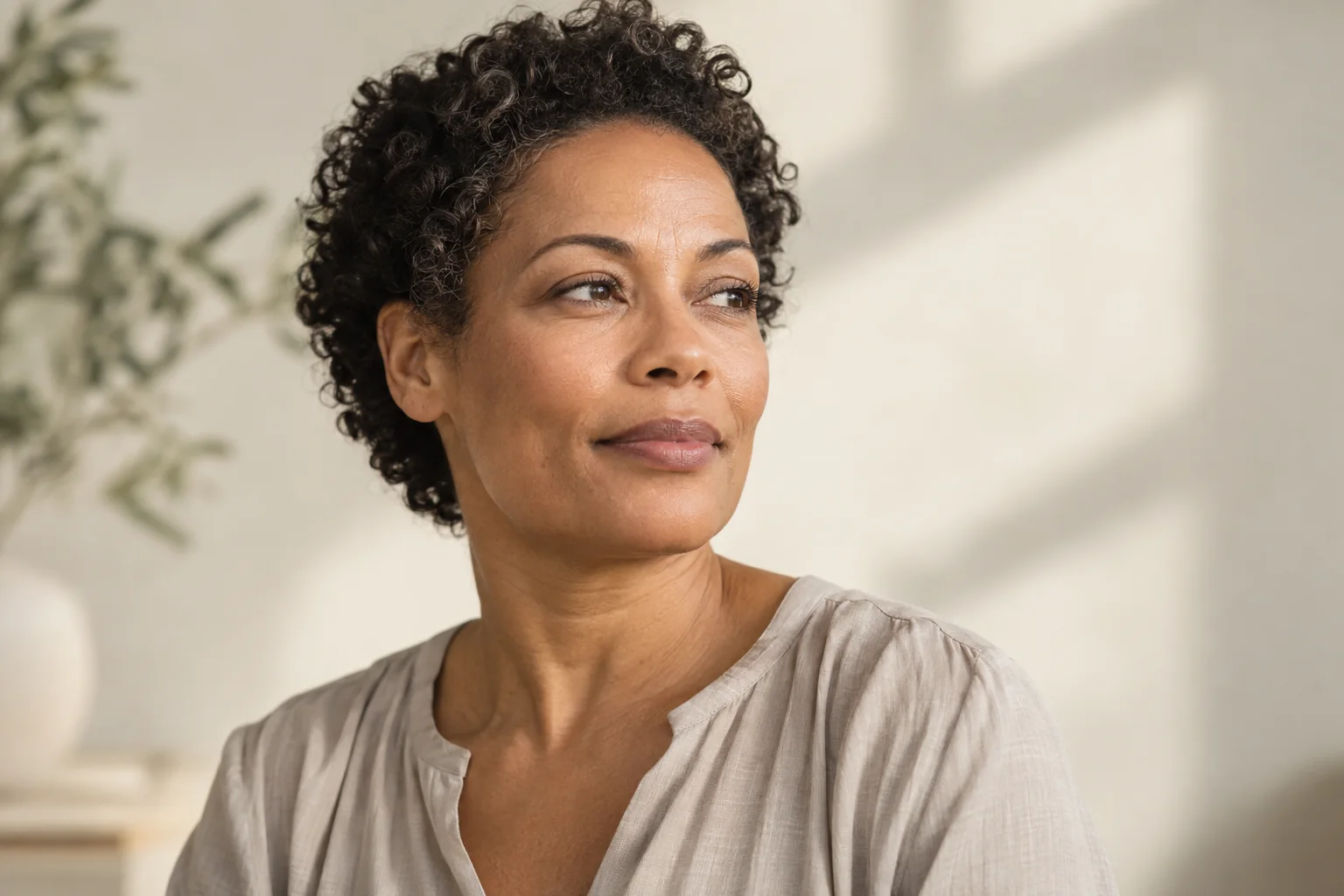 A woman with short curls in three-quarter profile.