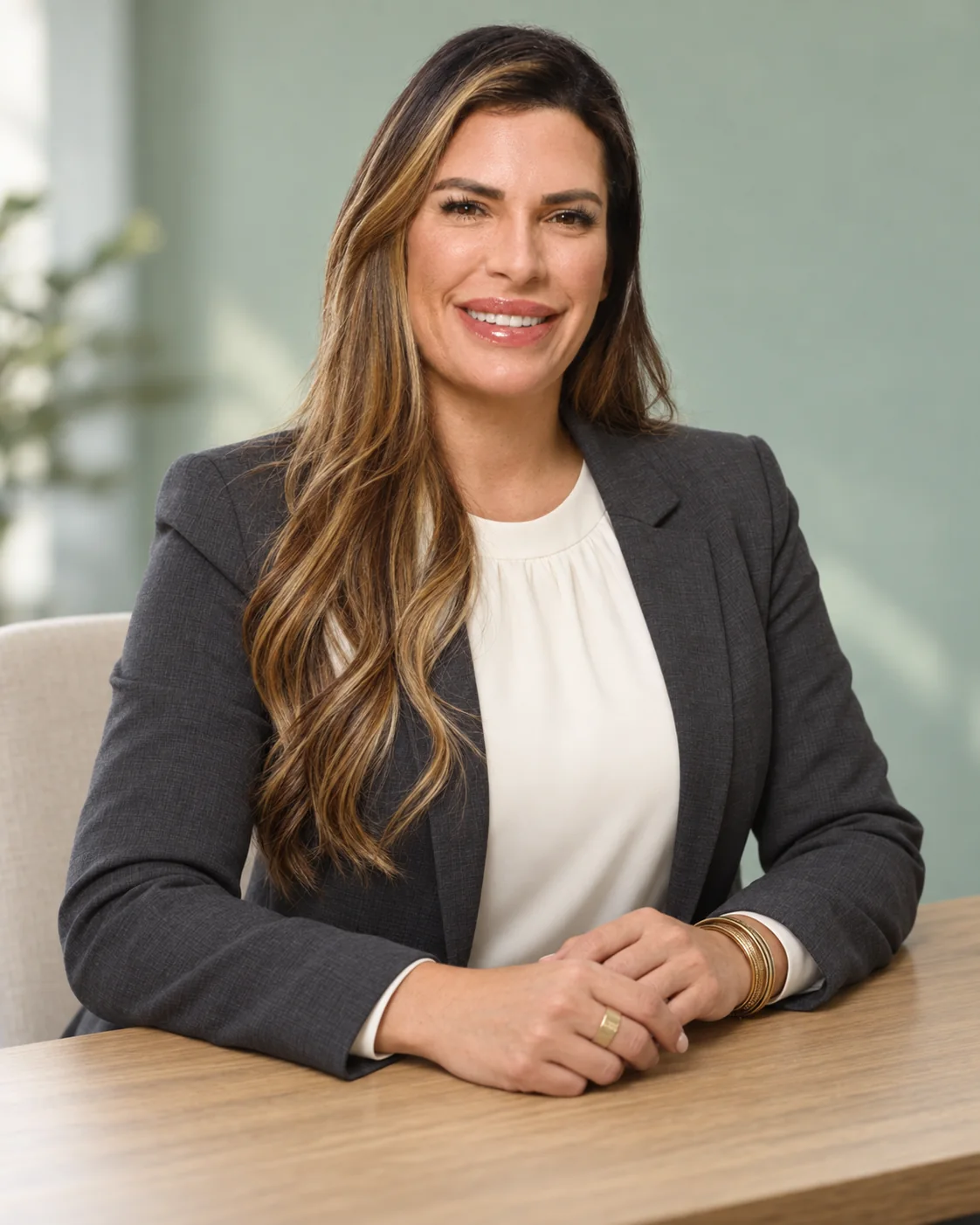 Eileen Rivera Jimenez seated at a desk in a charcoal blazer.