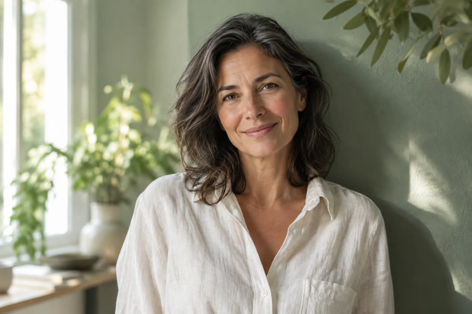A woman with gray-streaked hair in an ivory linen shirt.