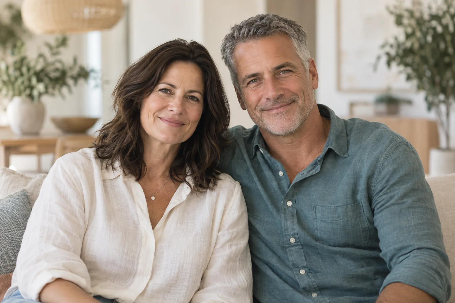 A smiling couple sitting close together on a sofa, looking at the camera.