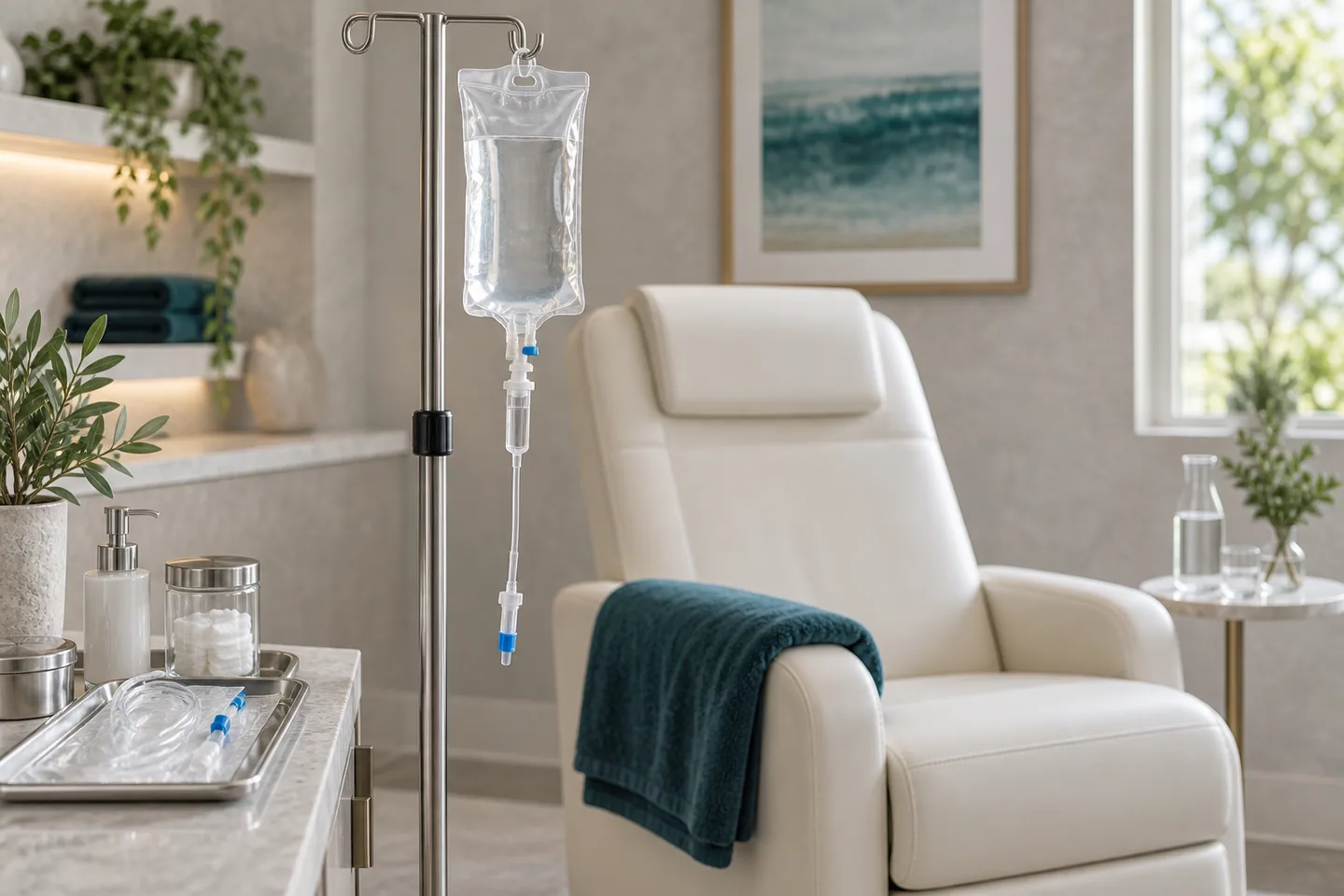 IV equipment beside an ivory treatment chair.
