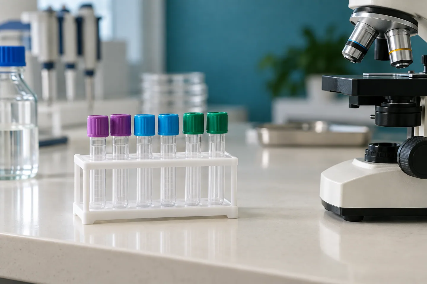 Capped sample tubes and a microscope on a clean laboratory counter.