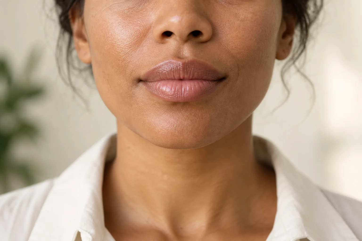 Close-up of natural lips and surrounding skin texture.