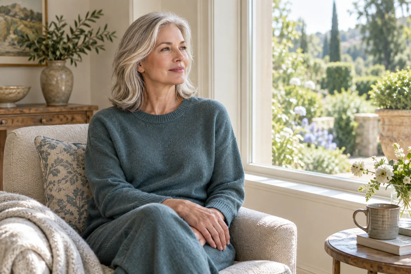 A woman sitting beside a sunlit garden window.