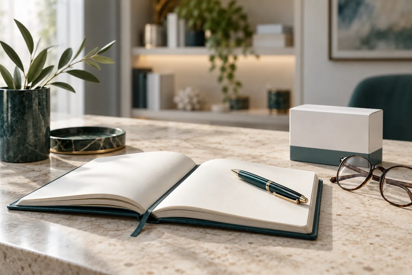 An open notebook, pen and unbranded medicine carton on a stone desk.