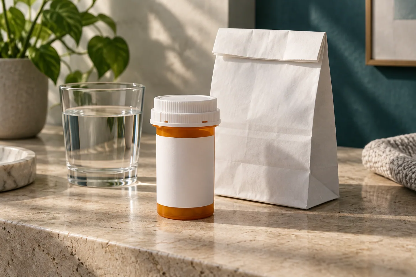 A closed prescription-style container beside a pharmacy bag and water.