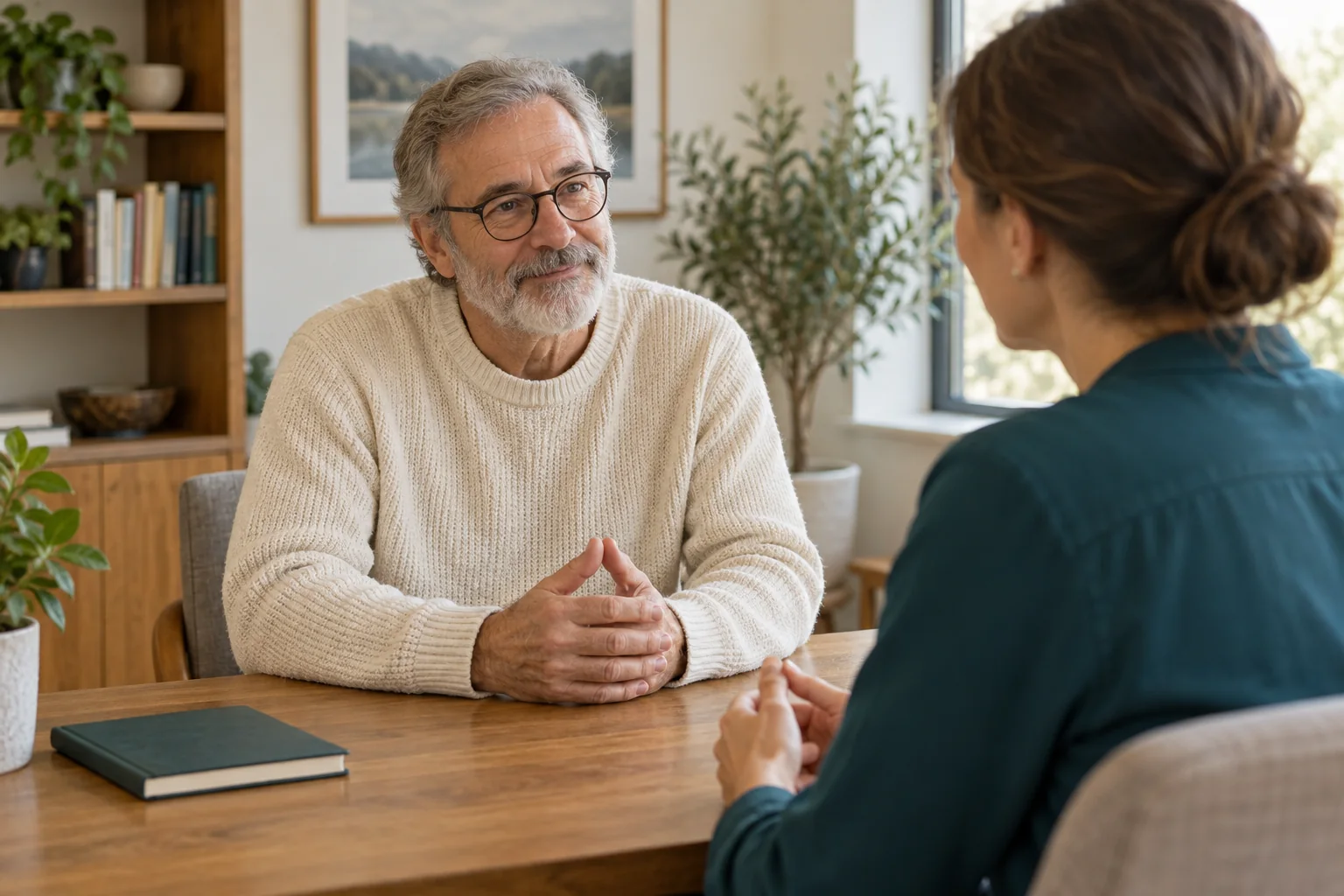 A man in glasses speaking with a clinician at a table.