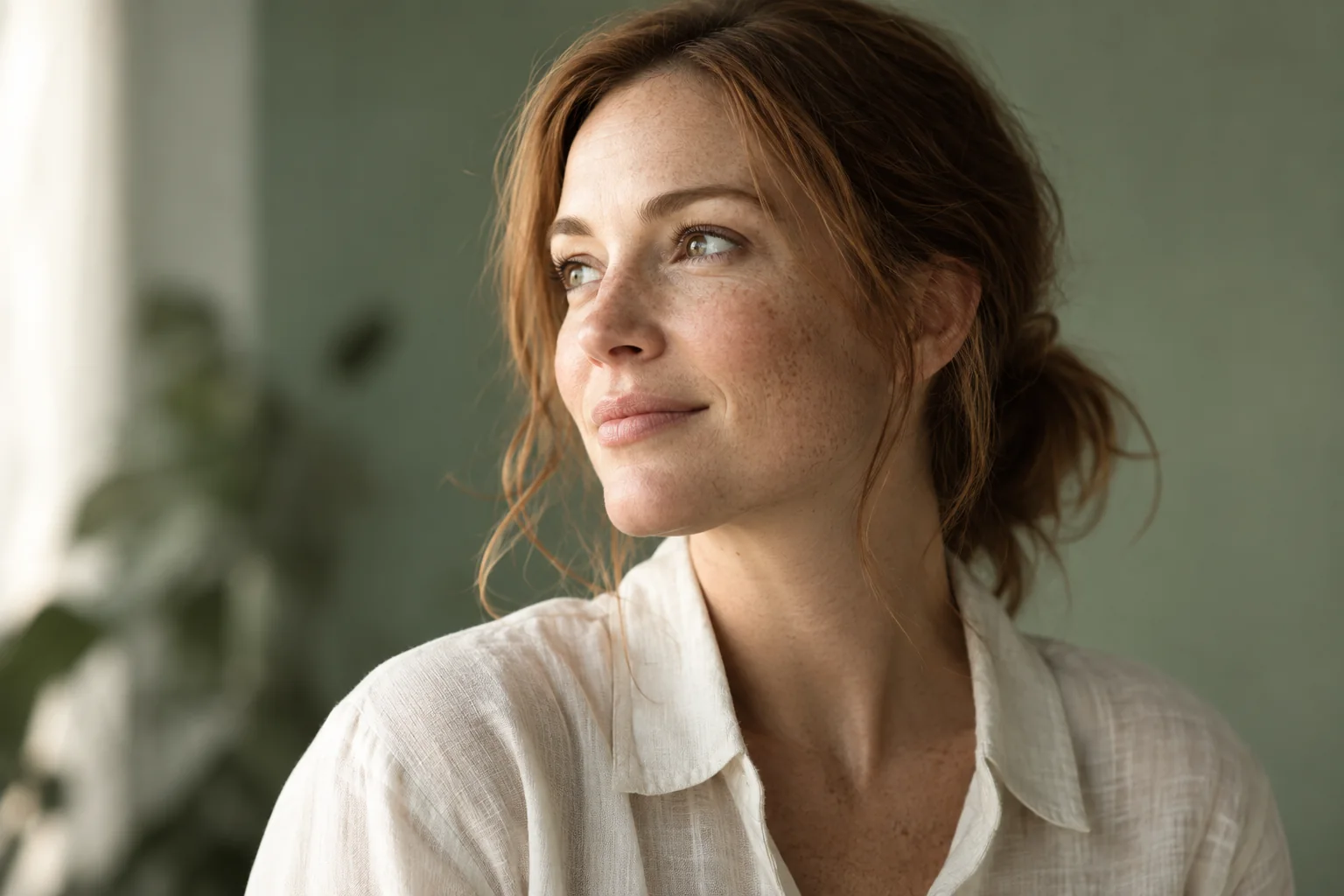 A close portrait showing freckles and natural cheek texture.