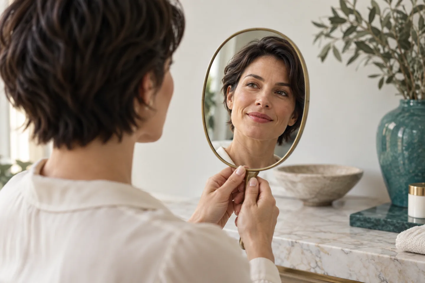 A woman looking at her expression in a handheld mirror.