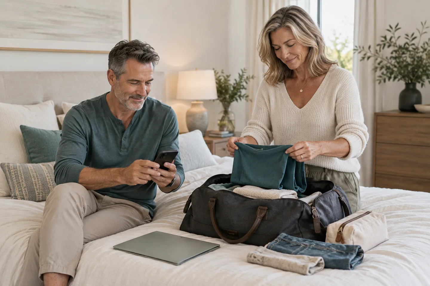 A couple organizing a travel bag, phone and document folder.