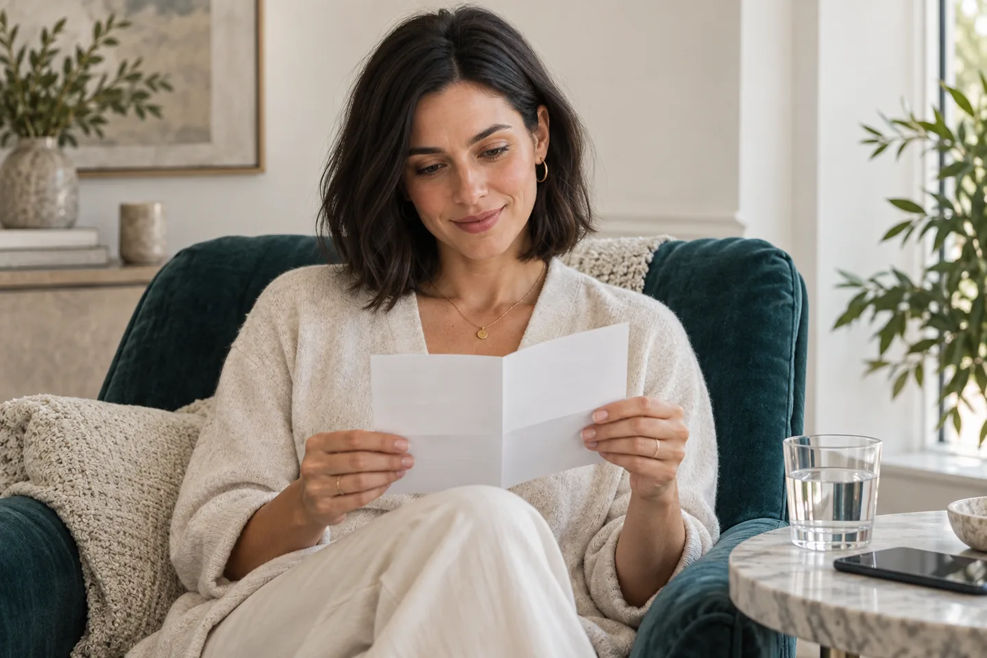 A woman reviewing a leaflet with her phone nearby.