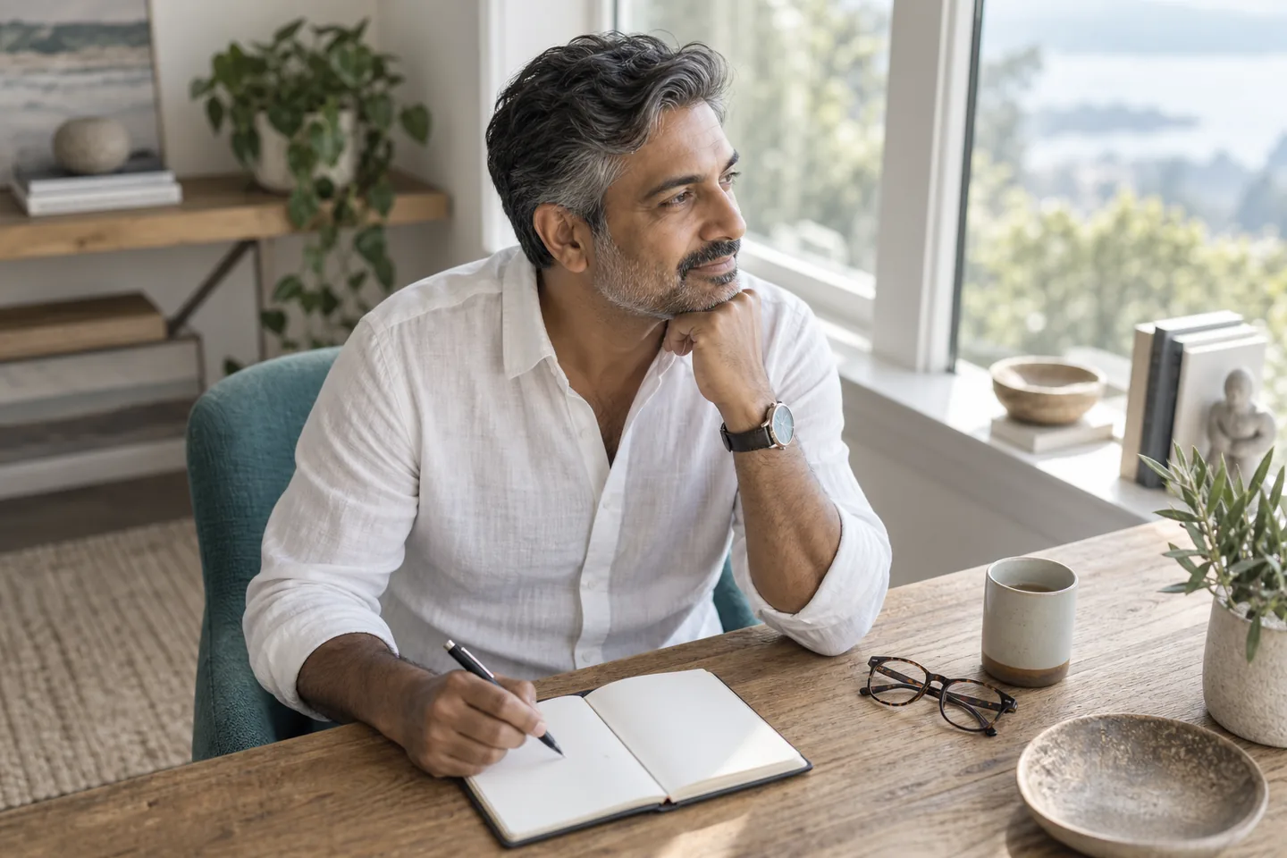 A man pausing while organizing notes for a health appointment.