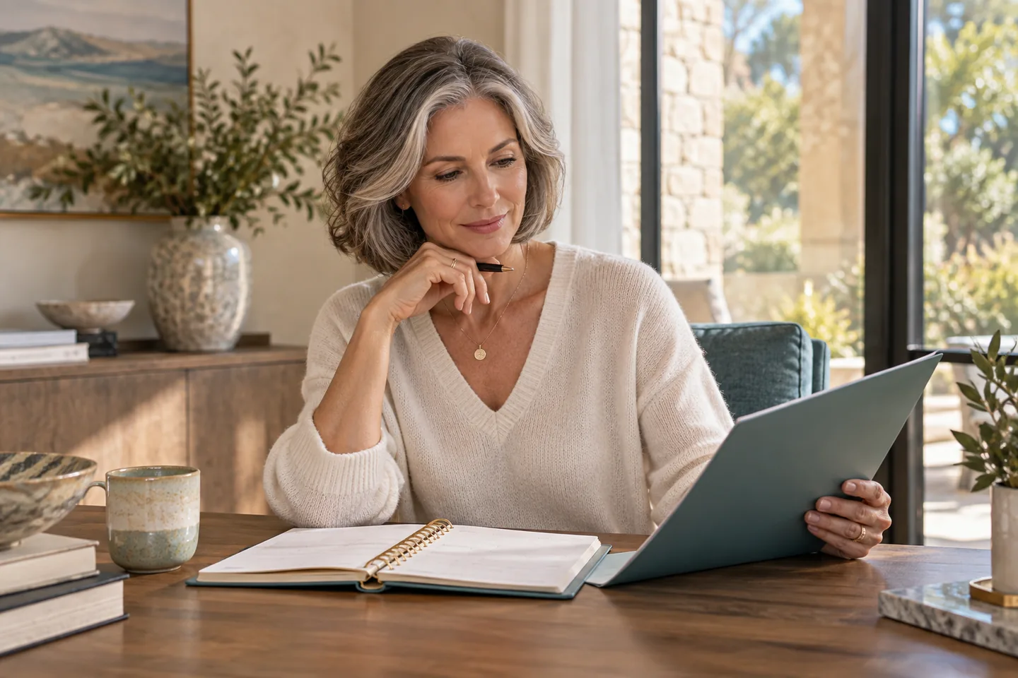 A woman reviewing her calendar and an appointment folder.