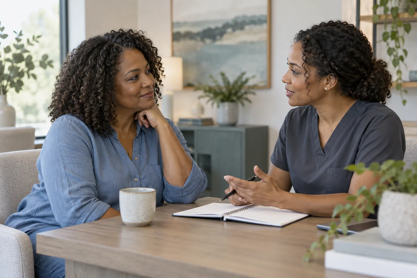 A woman discussing her daily routine with a clinician.