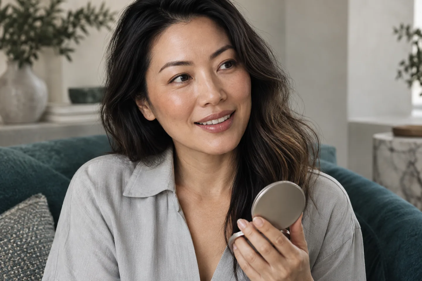 A woman holding a compact mirror during a conversation about her lips.