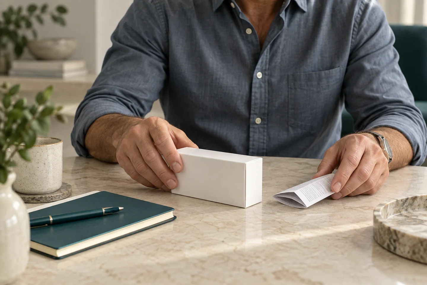 Hands organizing an unmarked package, leaflet and notebook.