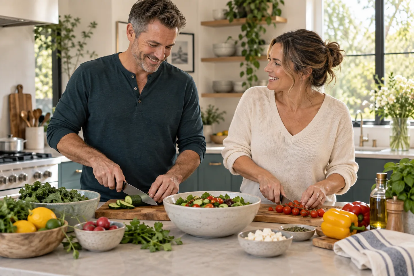 Two adults preparing vegetables together in a kitchen.