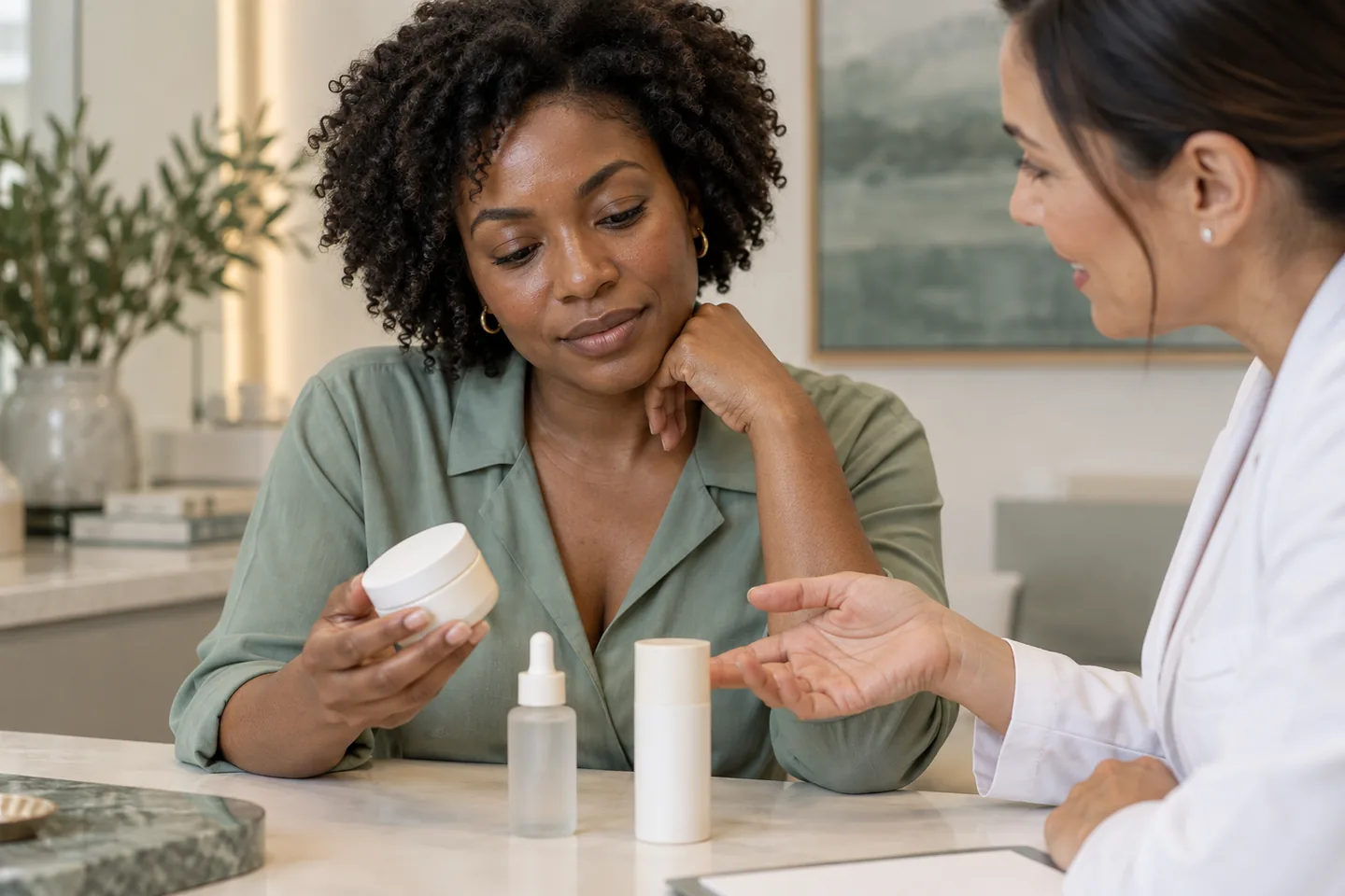 A woman reviewing her skincare products at a consultation.