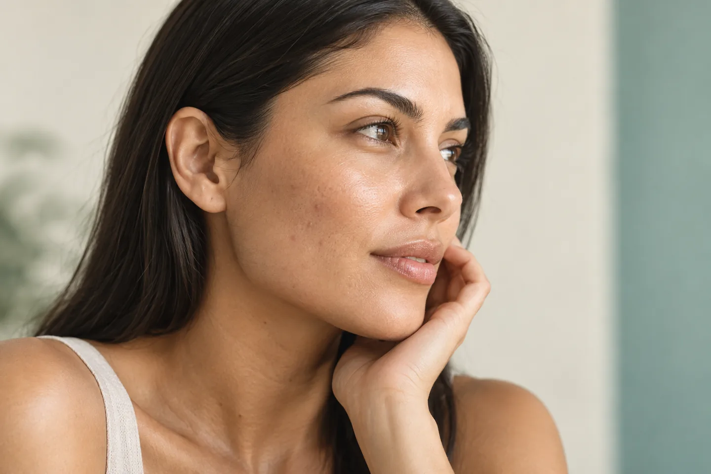 Close view of a woman's natural cheek texture.