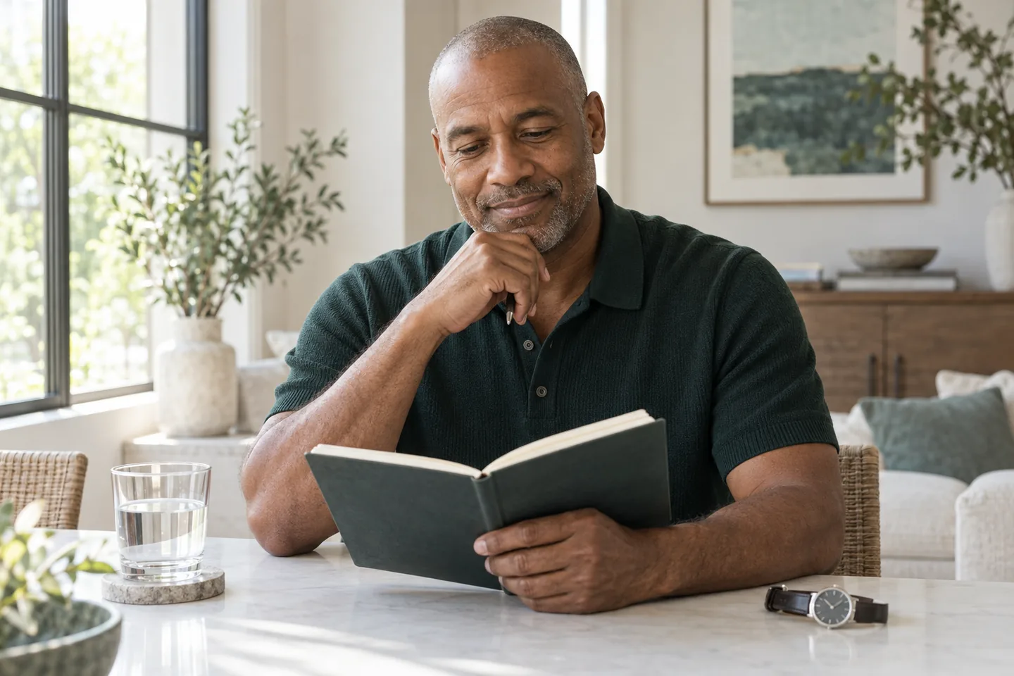 A man reviewing notes before a follow-up appointment.