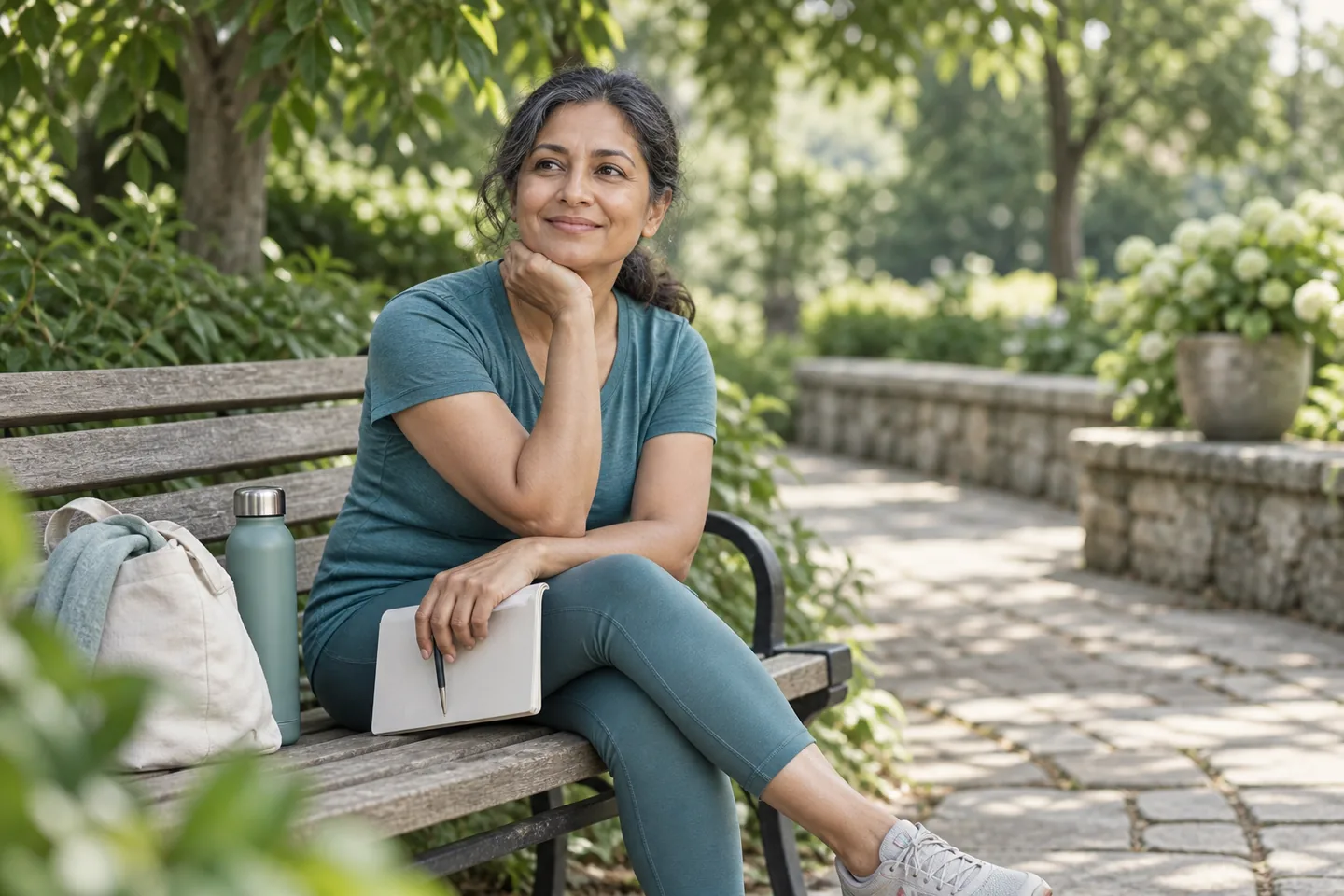 A woman holding a notebook while seated on a park bench.