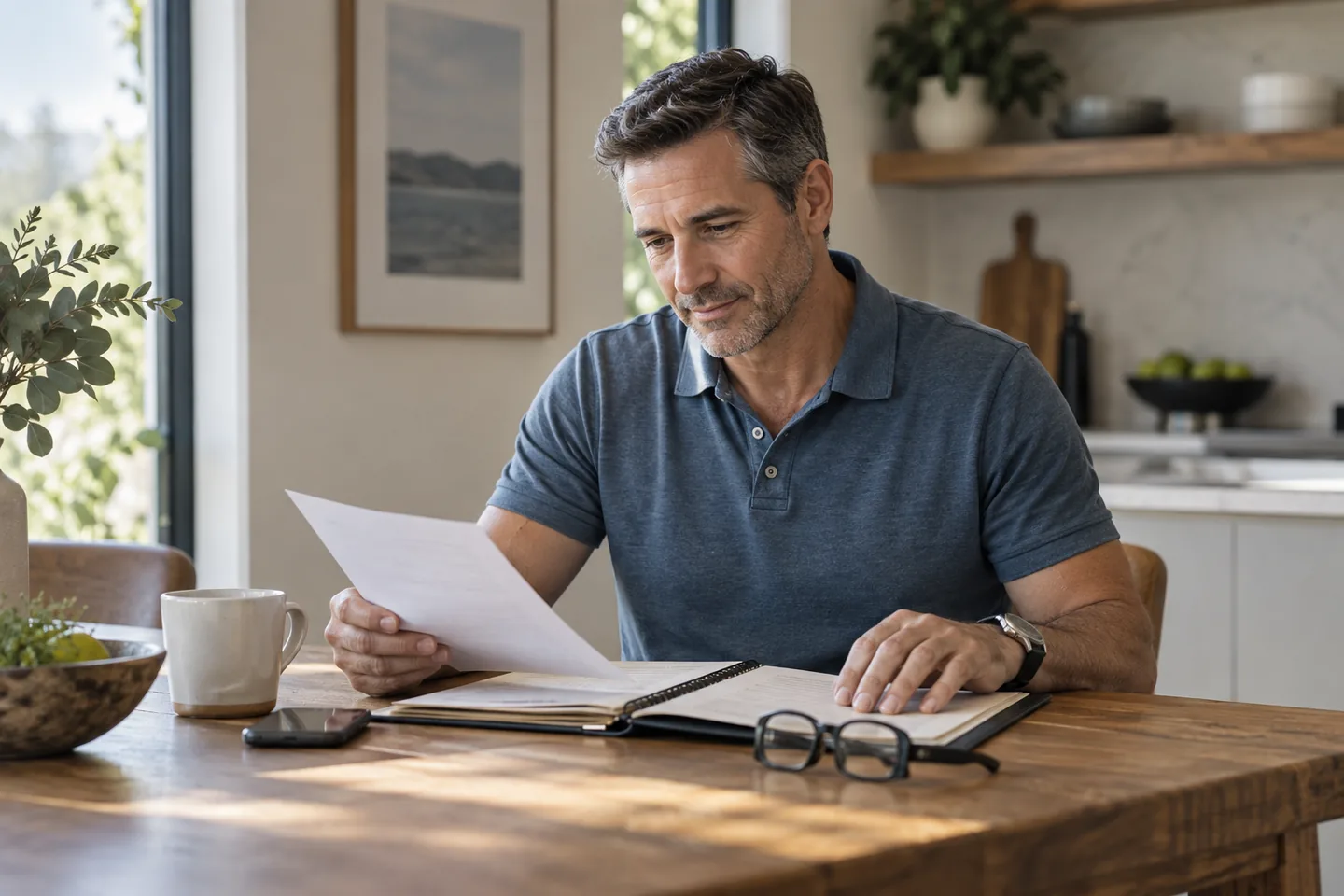 A man organizing his appointment folder and glasses at a table.