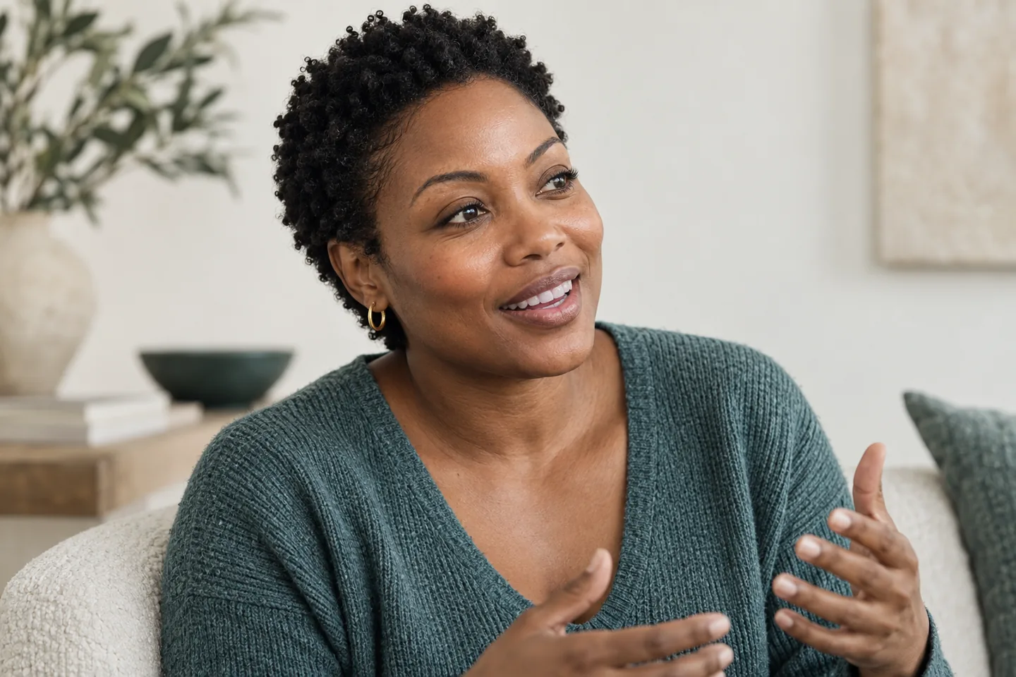 A woman speaking with a relaxed smile and natural facial expression.
